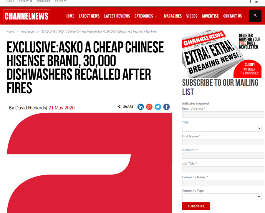 Channelnews ASKO A Cheap Chinese Hisense Brand, 30,000 Dishwashers Recalled After Fires