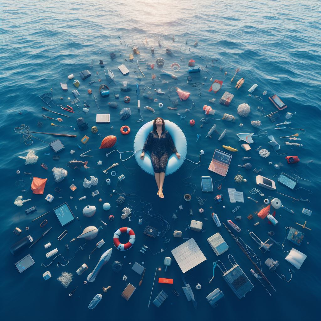 Image of a woman flowing in an ocean surrounded by the stuff of her life